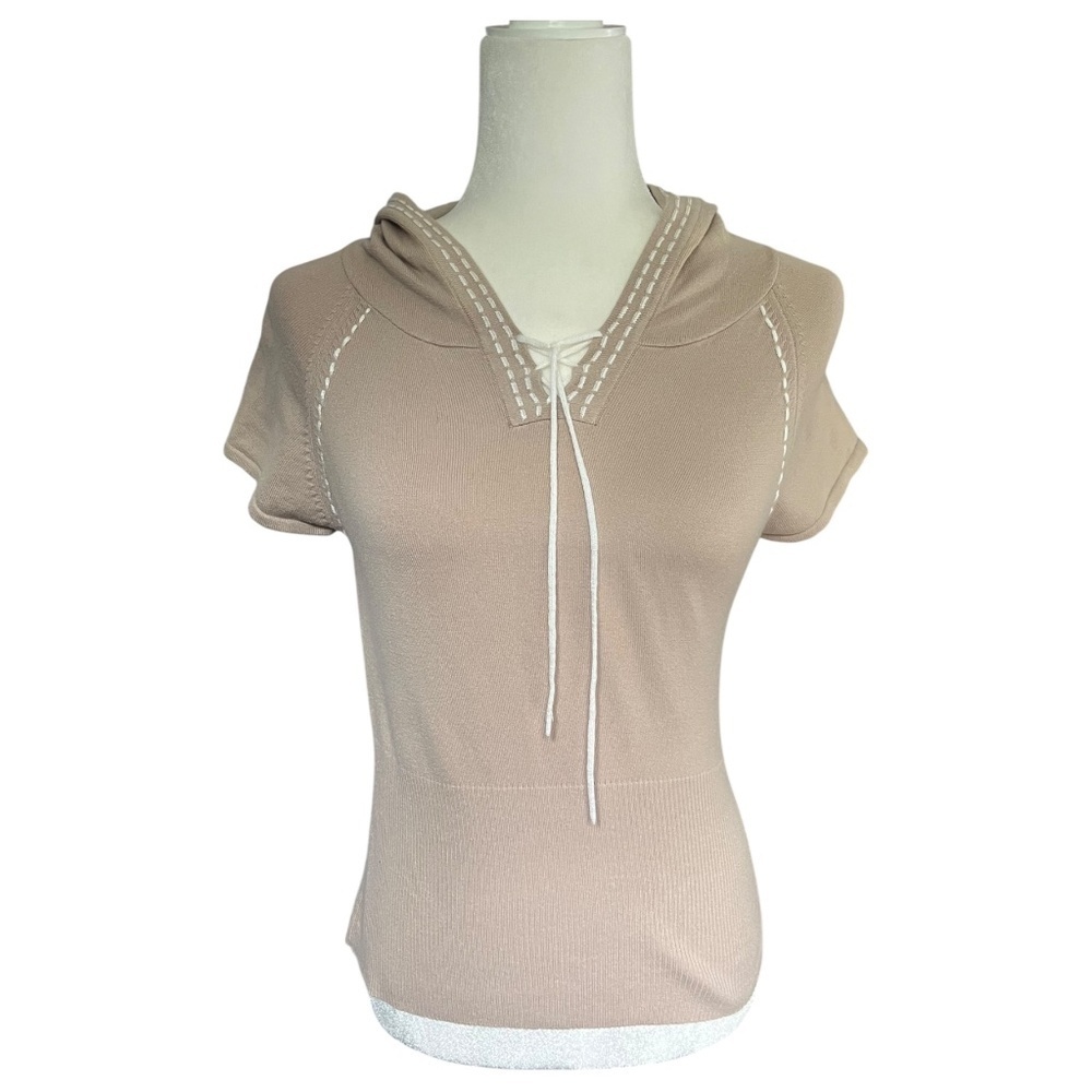 Vtg Y2K Tan & White Knit Hooded Top